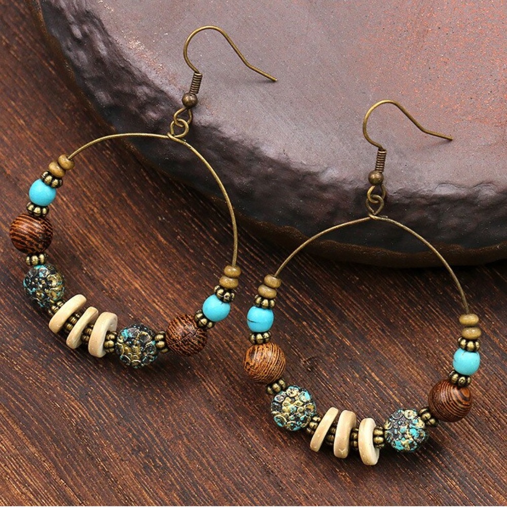 BOGO Turquoise Wood Beads Vintage Gold Tone Large Hoop Circle Drop Earrings Boho